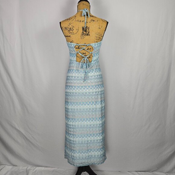 Wild‎ Fable Maxi Halter Dress M Blue Geometric Open Back Tie Slit Y2K Boho Chic - Picture 3 of 15